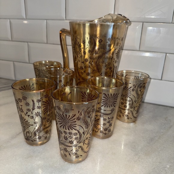Jeannette Other - VtgJeanette Marigold Carnival Glass‎ Cosmos Pitcher /6 Glasses 1950's MCMGW0051